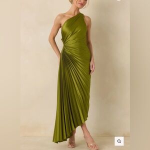 Olive Green One-Shoulder Pleated Evening Gown